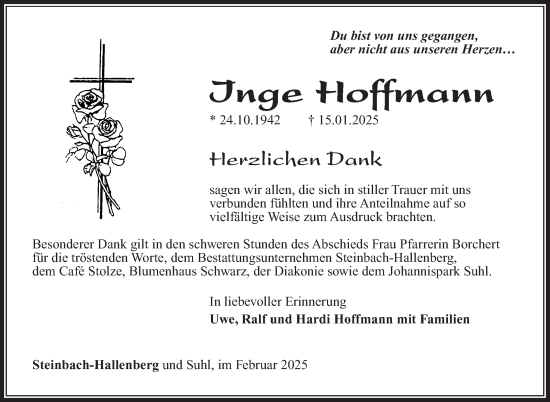 Traueranzeige von Inge Hoffmann von Südthüringer Presse