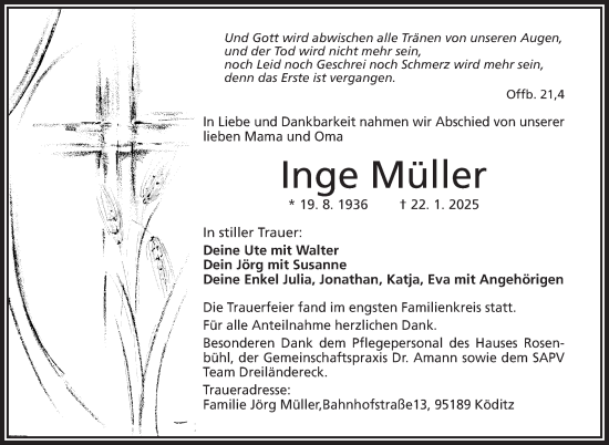 Traueranzeige von Inge Müller von Frankenpost