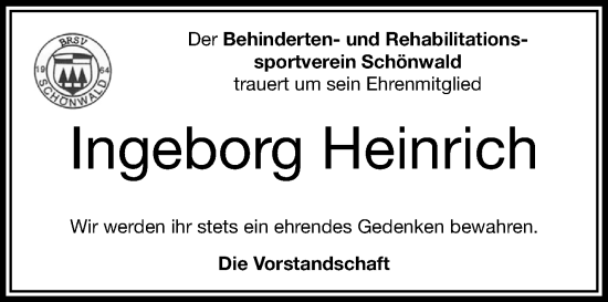 Traueranzeige von Ingeborg Heinrich von Frankenpost