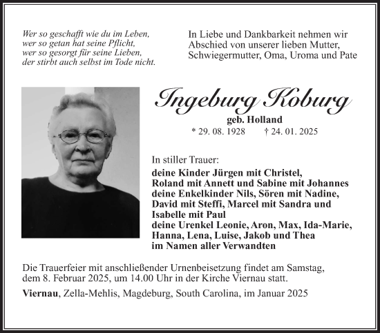 Traueranzeige von Ingeburg Koburg von Südthüringer Presse