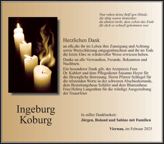 Traueranzeige von Ingeburg Koburg von Südthüringer Presse