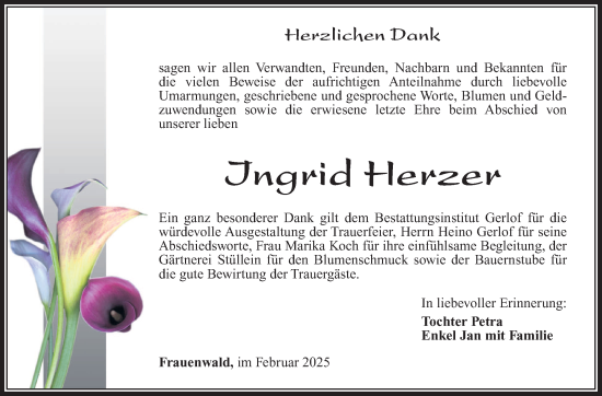 Traueranzeige von Ingrid Herzer von Südthüringer Presse