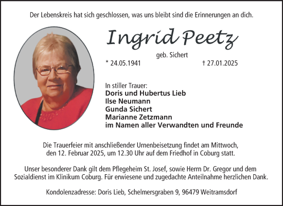 Traueranzeige von Ingrid Peetz von Neue Presse Coburg