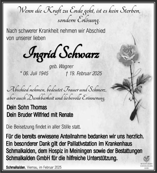 Traueranzeige von Ingrid Schwarz von Südthüringer Presse