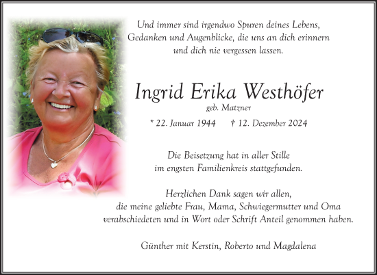 Traueranzeige von Ingrid Erika Westhöfer von Südthüringer Presse