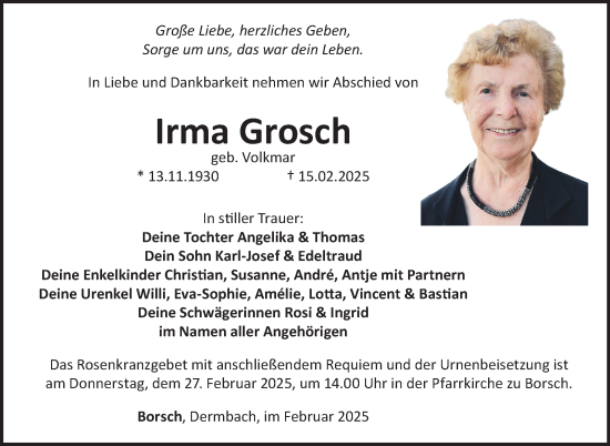 Traueranzeige von Irma Grosch von Südthüringer Presse
