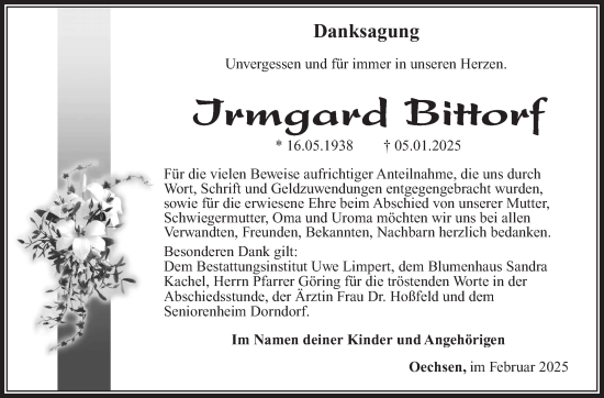 Traueranzeige von Irmgard Bittorf von Südthüringer Presse
