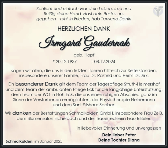 Traueranzeige von Irmgard Gaudernak von Südthüringer Presse