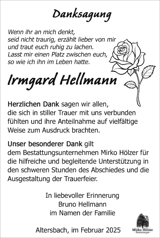 Traueranzeige von Irmgard Hellmann von Südthüringer Presse