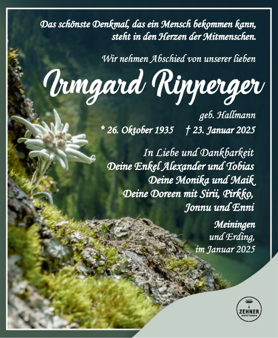 Traueranzeige von Irmgard Ripperger von Südthüringer Presse