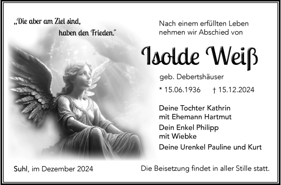 Traueranzeige von Isolde Weiß von Südthüringer Presse