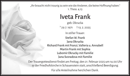 Traueranzeige von Iveta Frank von Frankenpost