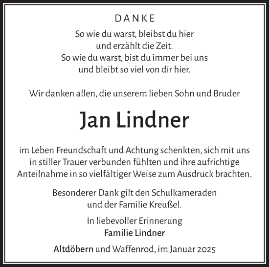 Traueranzeige von Jan Lindner von Südthüringer Presse