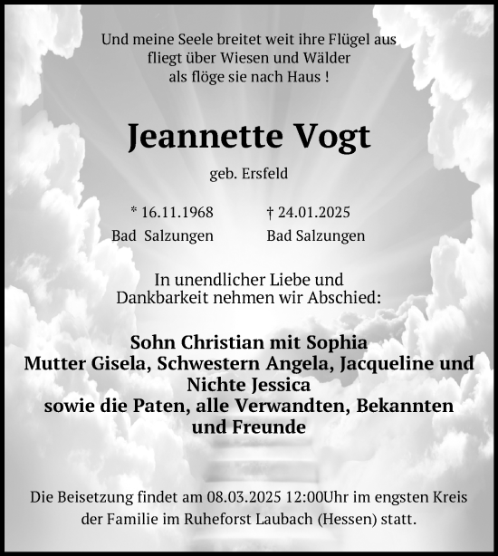 Traueranzeige von Jeannette Vogt von Südthüringer Presse