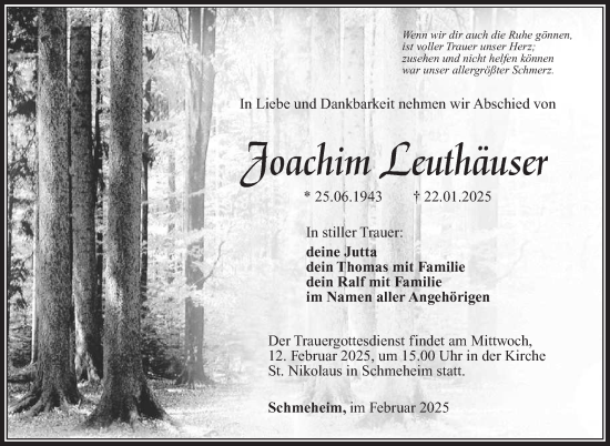 Traueranzeige von Joachim Leuthäuser von Südthüringer Presse