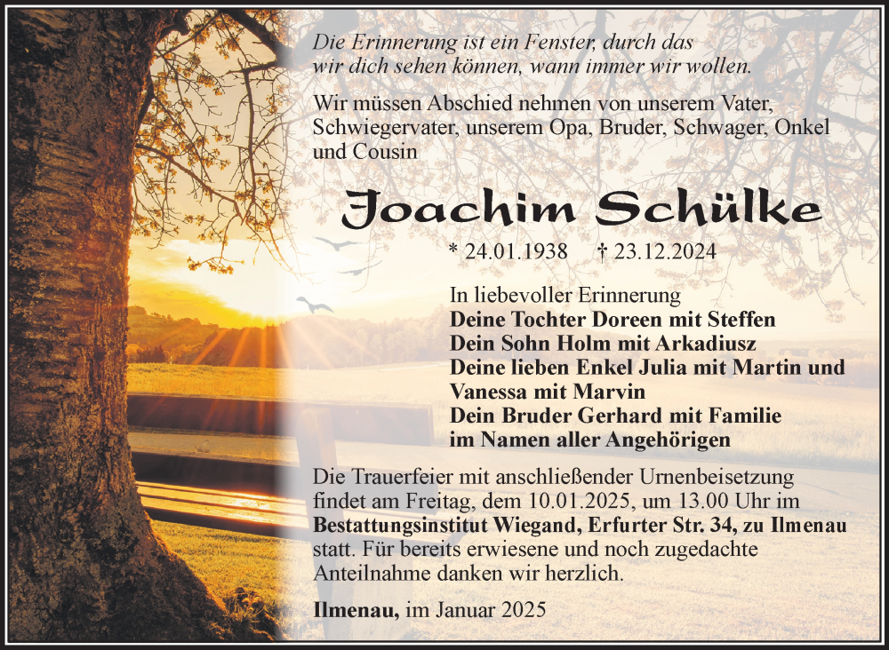  Traueranzeige für Joachim Schülke vom 04.01.2025 aus Südthüringer Presse