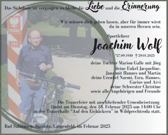 Traueranzeige von Joachim Wolf von Südthüringer Presse