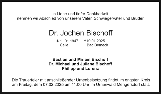 Traueranzeige von Jochen Bischoff von Südthüringer Presse