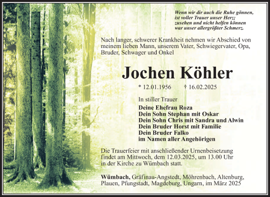 Traueranzeige von Jochen Köhler von Südthüringer Presse