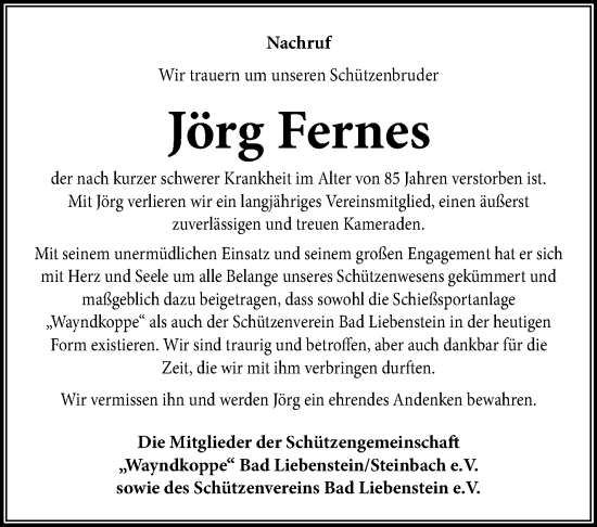Traueranzeige von Jörg Fernes von Südthüringer Presse