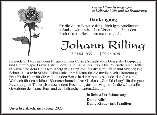 Traueranzeige von Johann Rilling von Südthüringer Presse