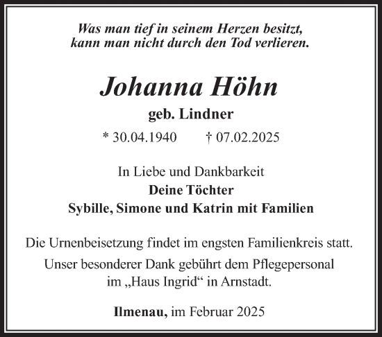 Traueranzeige von Johanna Höhn von Südthüringer Presse
