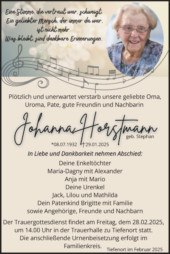 Traueranzeige von Johanna Horstmann von Südthüringer Presse