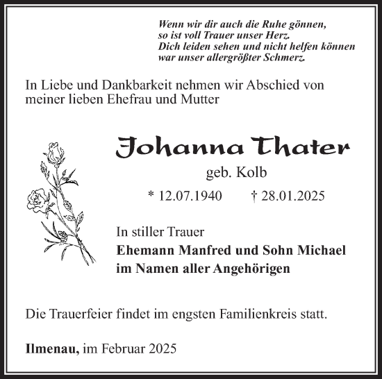 Traueranzeige von Johanna Thater von Südthüringer Presse