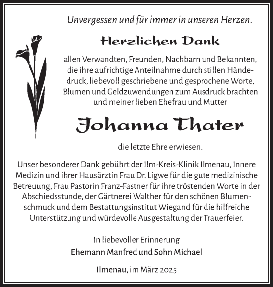 Traueranzeige von Johanna Thater von Südthüringer Presse