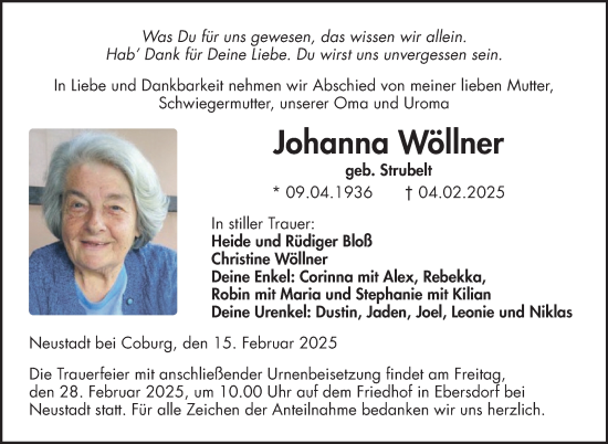 Traueranzeige von Johanna Wöllner von Neue Presse Coburg