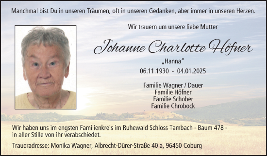 Traueranzeige von Johanne Charlotte Höfner von Südthüringer Presse