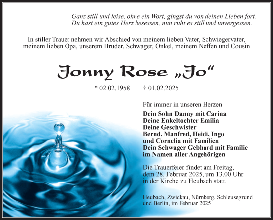 Traueranzeige von Jonny Rose von Südthüringer Presse