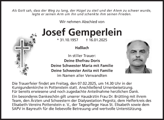 Traueranzeige von Josef Gemperlein von Südthüringer Presse