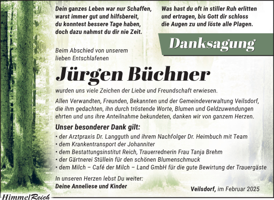 Traueranzeige von Jürgen Büchner von Südthüringer Presse