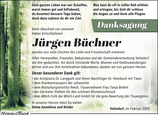 Traueranzeige von Jürgen Büchner von Südthüringer Presse