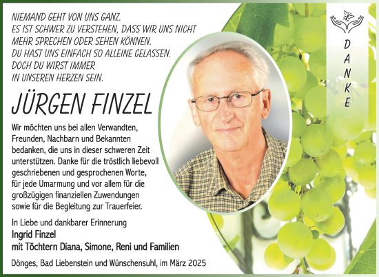 Traueranzeige von Jürgen Finzel von Südthüringer Presse
