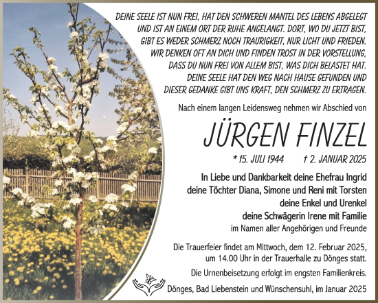Traueranzeige von Jürgen Finzel von Südthüringer Presse