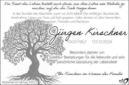 Traueranzeige von Jürgen Kirschner von Südthüringer Presse