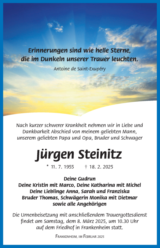 Traueranzeige von Jürgen Steinitz von Südthüringer Presse