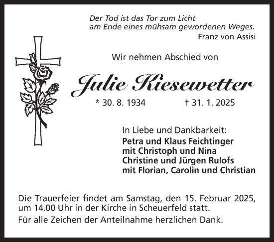 Traueranzeige von Julie Kiesewetter von Neue Presse Coburg