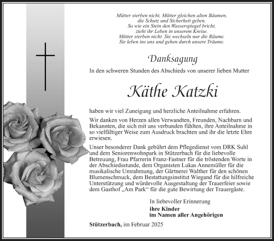 Traueranzeige von Käthe Katzki von Südthüringer Presse