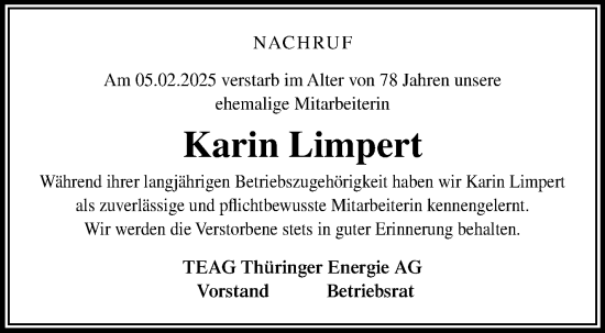 Traueranzeige von Karin Limpert von Südthüringer Presse