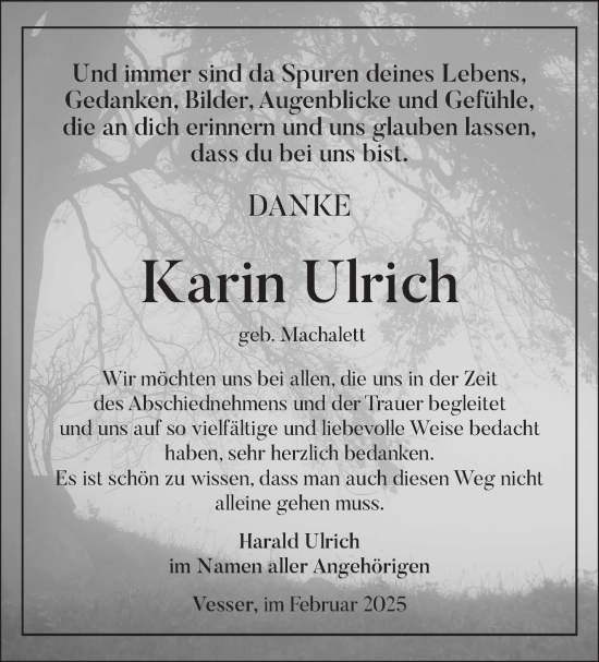 Traueranzeige von Karin Ulrich von Südthüringer Presse