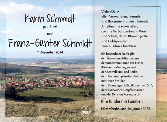 Traueranzeige von Karin und Franz-Günter Schmidt von Südthüringer Presse