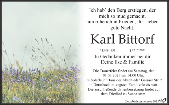 Traueranzeige von Karl Bittorf von Südthüringer Presse