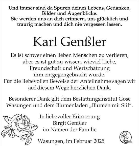 Traueranzeige von Karl Genßler von Südthüringer Presse