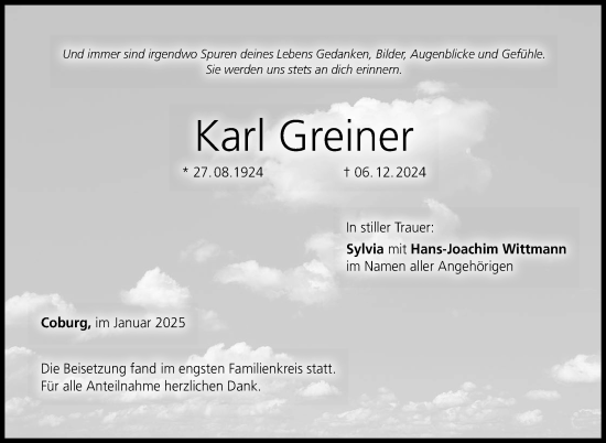 Traueranzeige von Karl Greiner von Neue Presse Coburg