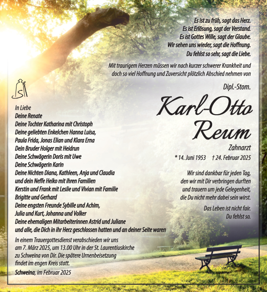 Traueranzeige von Karl-Otto Reum von Südthüringer Presse