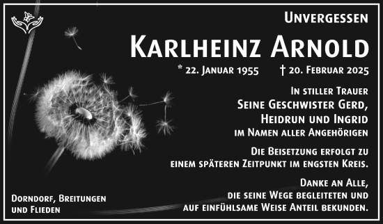 Traueranzeige von Karlheinz Arnold von Südthüringer Presse