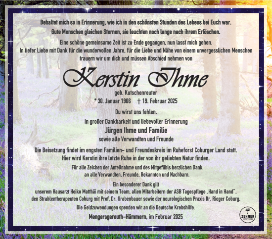 Traueranzeige von Kerstin Ihme von Südthüringer Presse